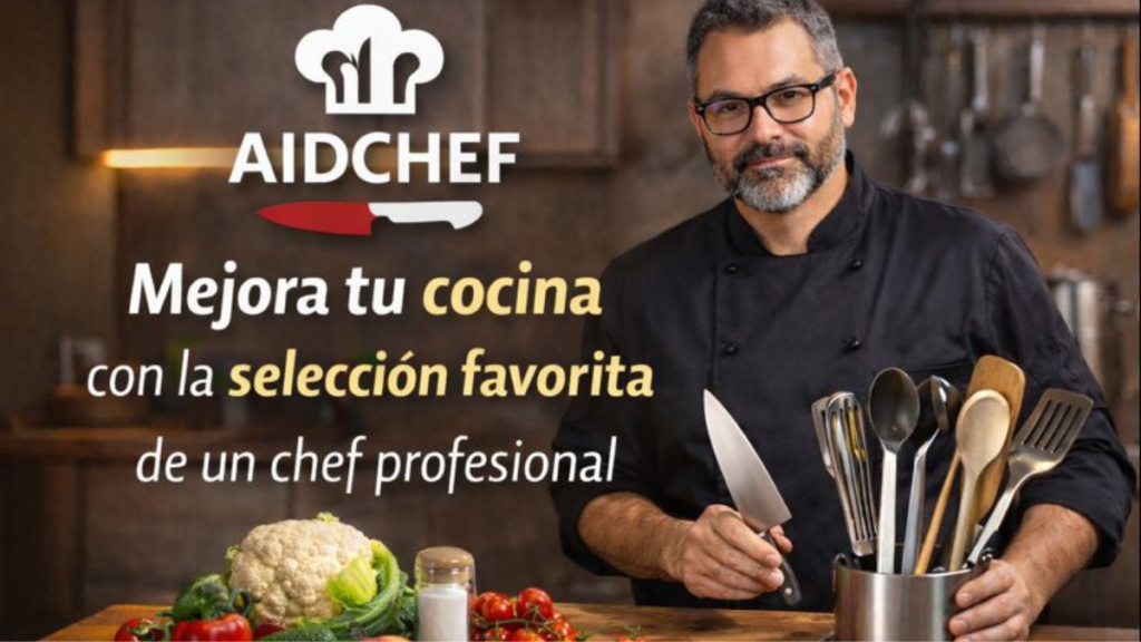 Chef profesional en cocina moderna con utensilios de cocina y logo de AidChef, imagen principal de la web AidChef