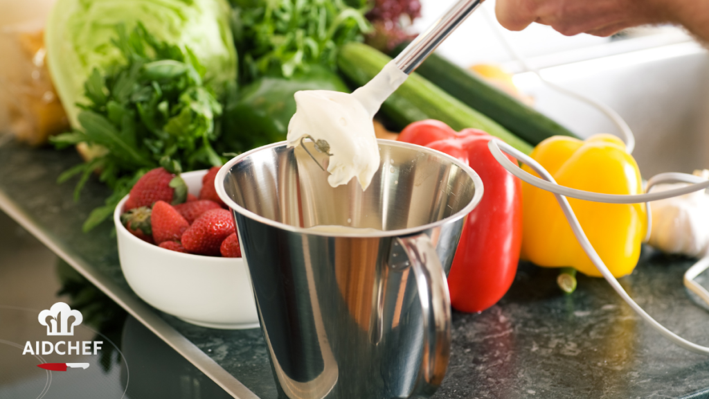 Batidora de mano preparando salsa mahonesa en vaso de acero inoxidable rodeada de verduras frescas