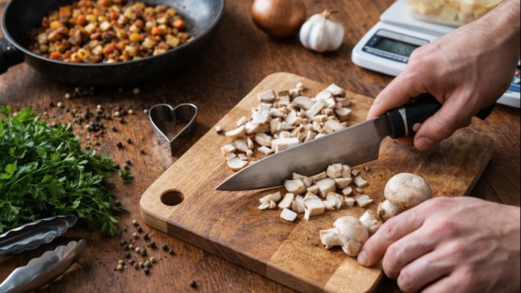 Manos cortando champiñones con cuchillo de chef sobre tabla de madera en cocina real