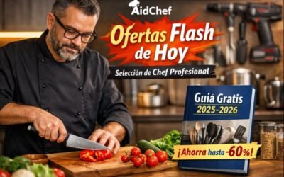 Chef profesional con cuchillo de cocina en una cocina moderna, imagen de Ofertas Flash de Hoy AidChef y guía gratuita de utensilios 2025-2026