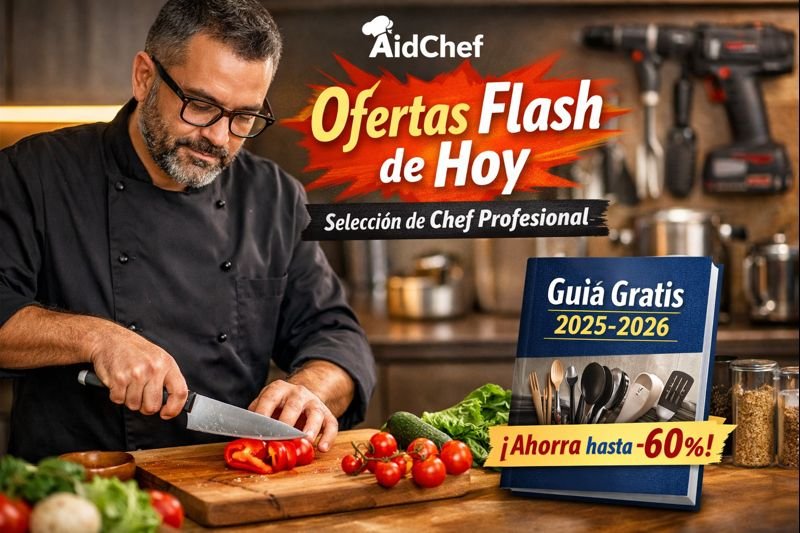 Chef profesional con cuchillo de cocina en una cocina moderna, imagen de Ofertas Flash de Hoy AidChef y guía gratuita de utensilios 2025-2026