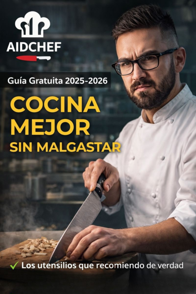 Cocinero profesional Aidchef con gafas sosteniendo cuchillo afilado en tabla de madera, portada guía gratuita 2025-2026 sobre cocina práctica calidad-precio sin malgastar, logo Aidchef arriba.
