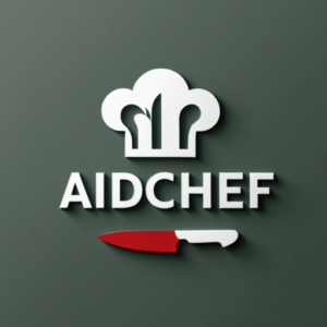 Logo de AidChef con gorro de chef estilizado y cuchillo rojo, símbolo de cocina inteligente y creatividad culinaria.