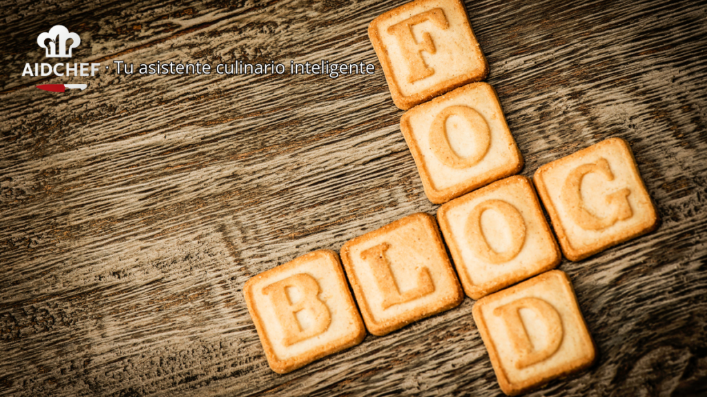 Galletas formando la palabra “Food Blog” sobre una mesa de madera rústica con el texto AidChef, tu asistente culinario inteligente